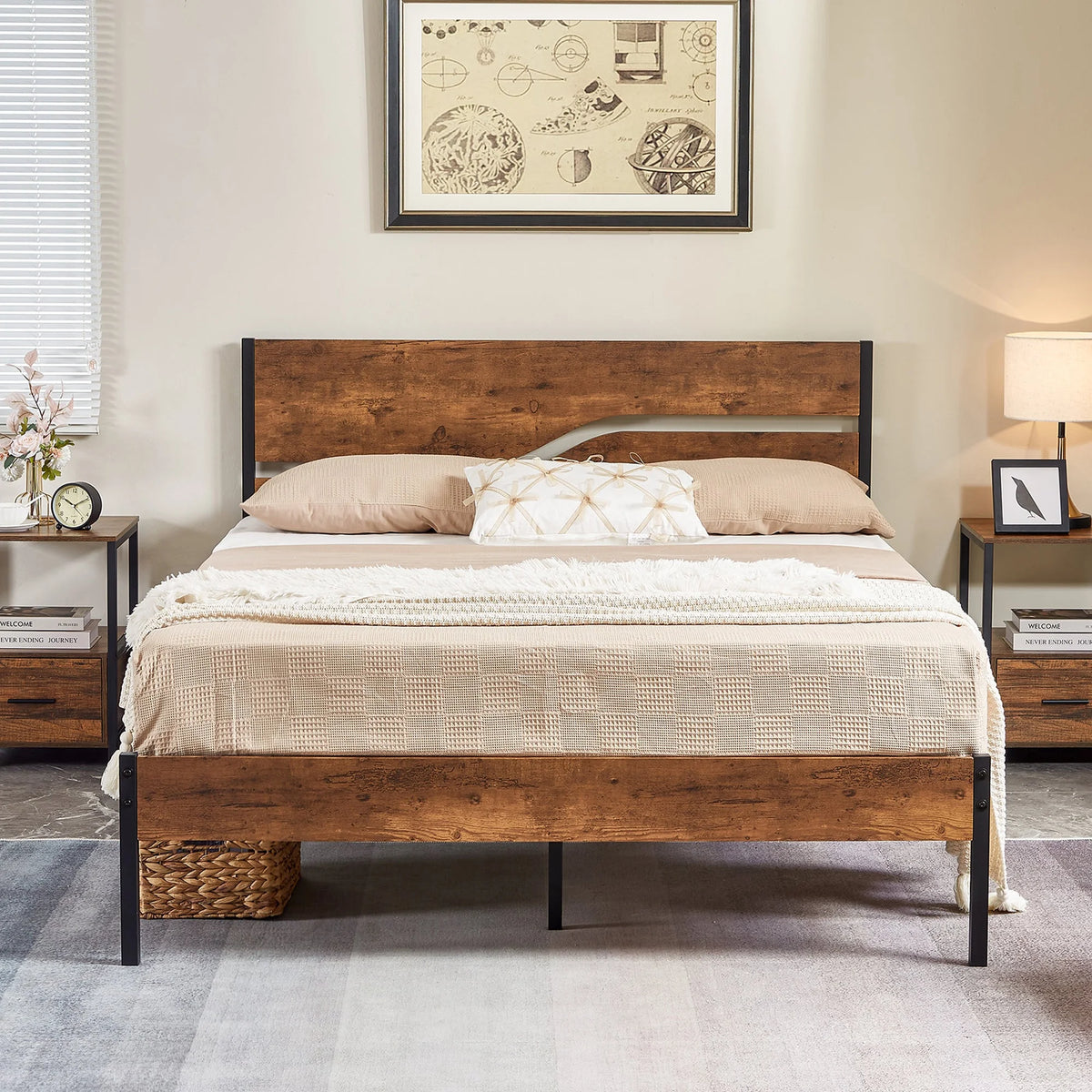 3-Piece Full Bedroom Set with Platform Bed Frame and 2 Nightstand I17668