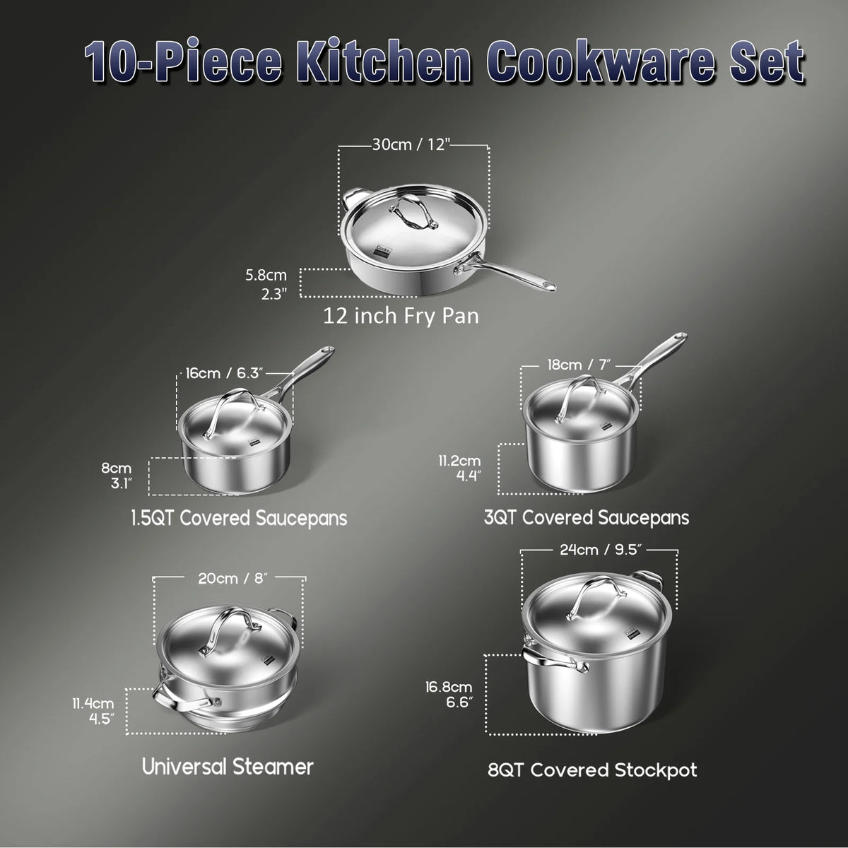 10-Piece Stainless Steel Cookware Set with Fry Pan L155109