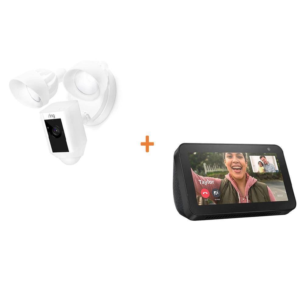 Wired Outdoor Wi-Fi Security Camera with Motion Activated Floodlight in White with Echo Show 5 in Charcoal T97773