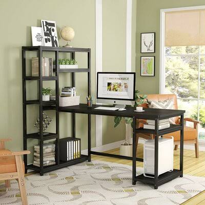 Black Reversible Computer Desk with Hutch C2123