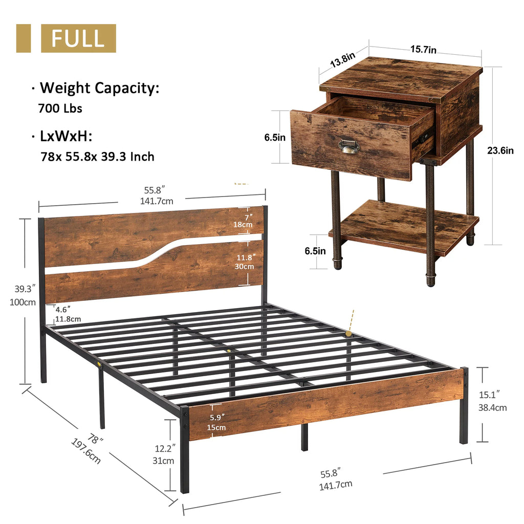 3-Piece Full Bedroom Set with Platform Bed Frame and 2 Nightstand I17668
