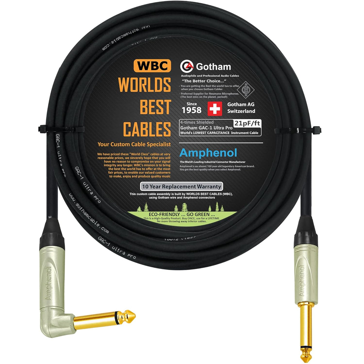 40 Foot Low-Capacitance Guitar Bass Instrument Cable with Gold TS Connectors R89062