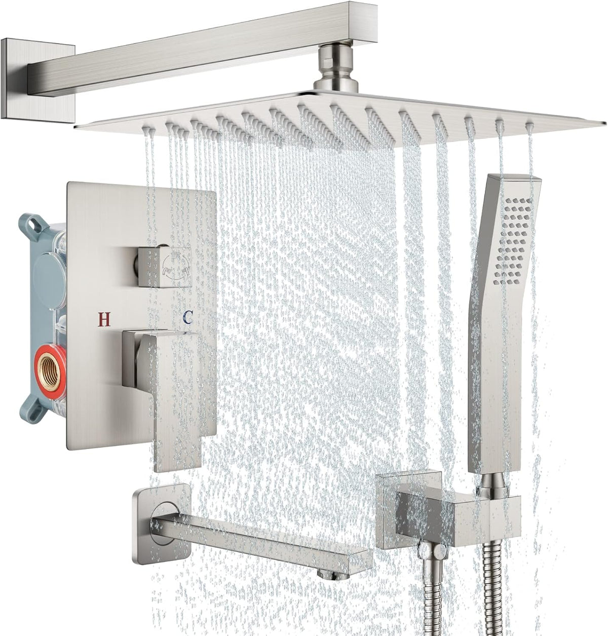 Brushed Nickel 10 Inch Wall Mounted Rainfall Shower Head with Handheld Shower Tub Spout C996146