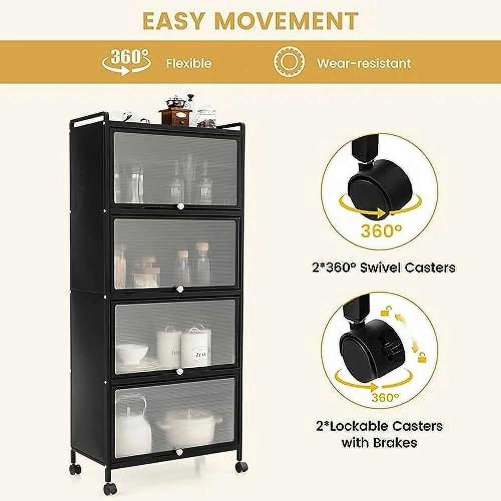 Black 5-Tier Kitchen Cabinet with 4 Rolling Casters H8659