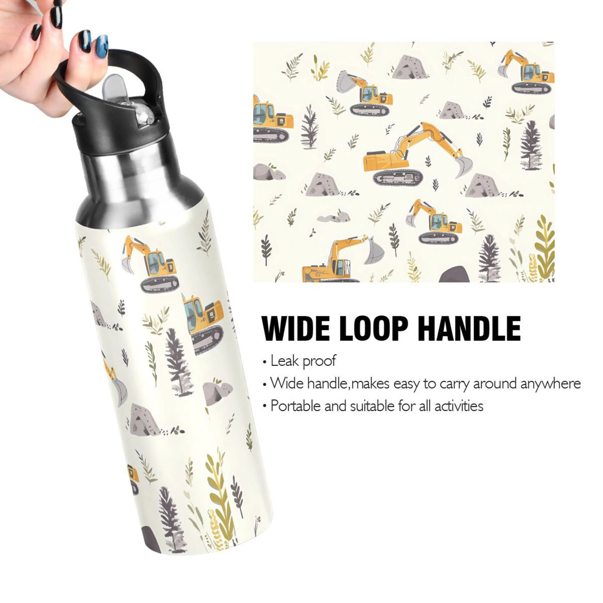 Cartoon Excavator Insulated Stainless Steel Water Bottle with Straw Lid 20 oz D521