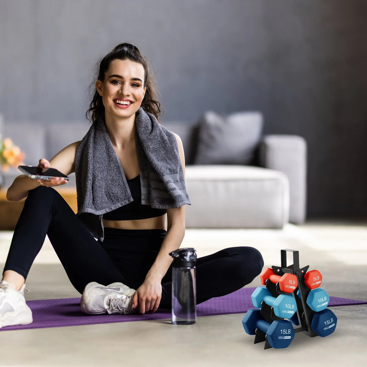 5, 10 & 15 Pound Neoprene Dumbbell Weight Set with Storage Rack P99469