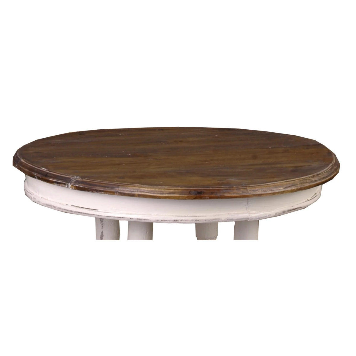 Round End Table in Distressed White and Brown Wood X968