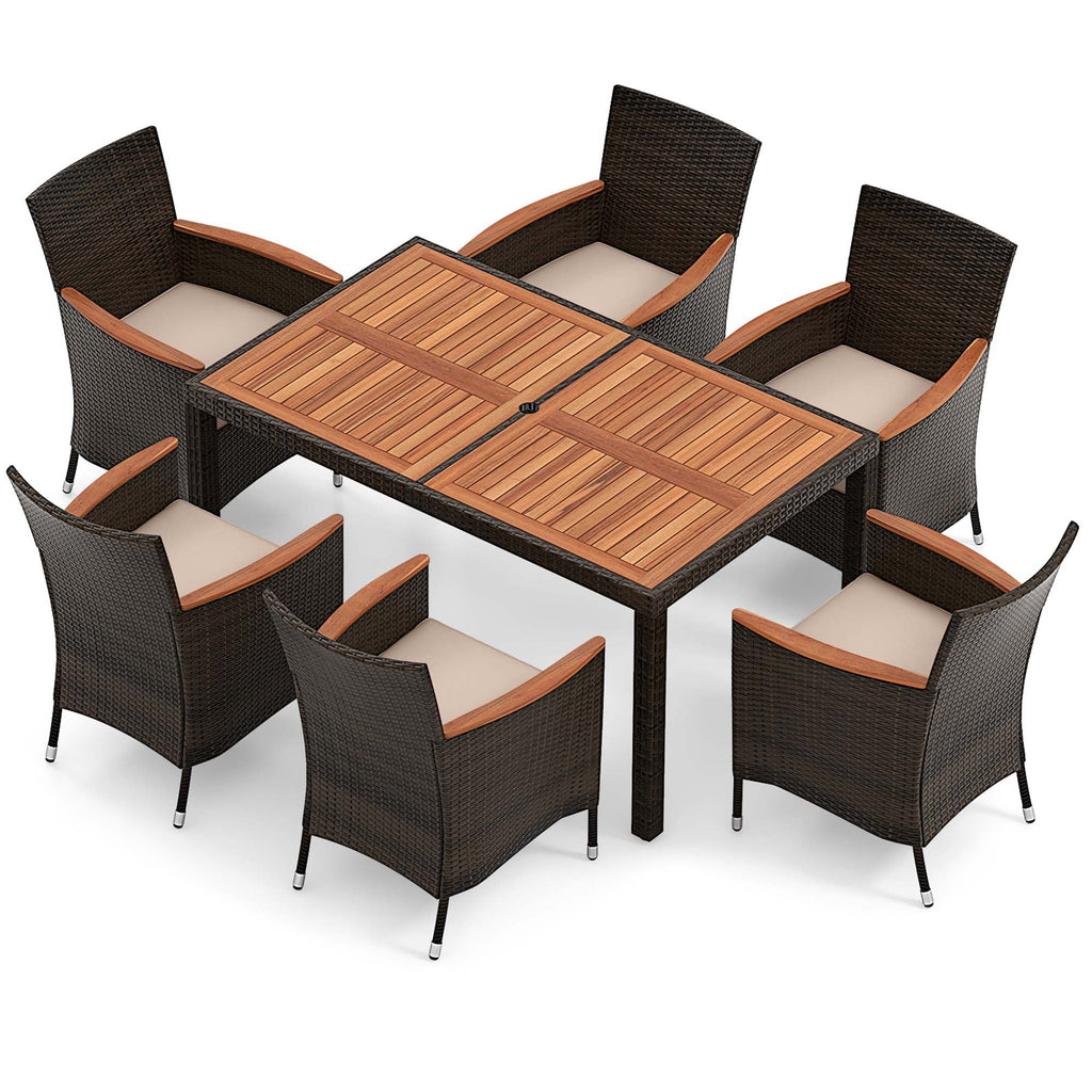 7 Pieces Outdoor Wicker Dining Set with Acacia Wood Table X561082