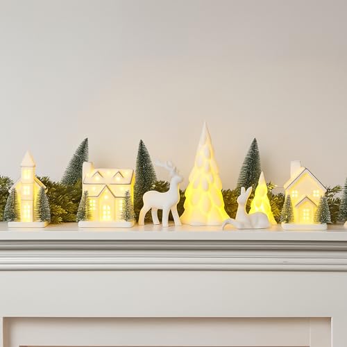 12 Pcs Ceramic Christmas Village Set with Lights L985022