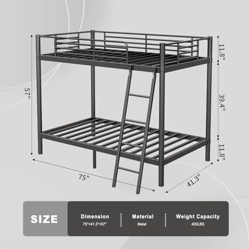 Twin Over Full Size Bunk Bed with Ladder and Guardrail W9043