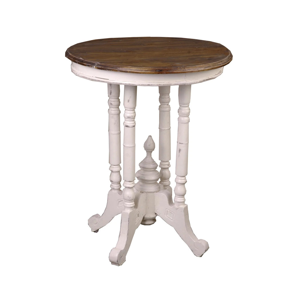 Round End Table in Distressed White and Brown Wood X968
