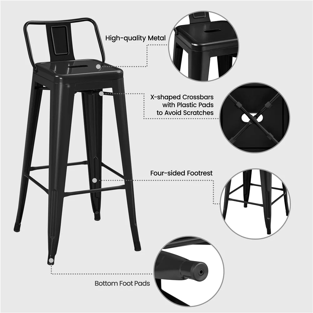 Black Metal Counter Height Bar Stools with Low Back, Set of 4 P8497