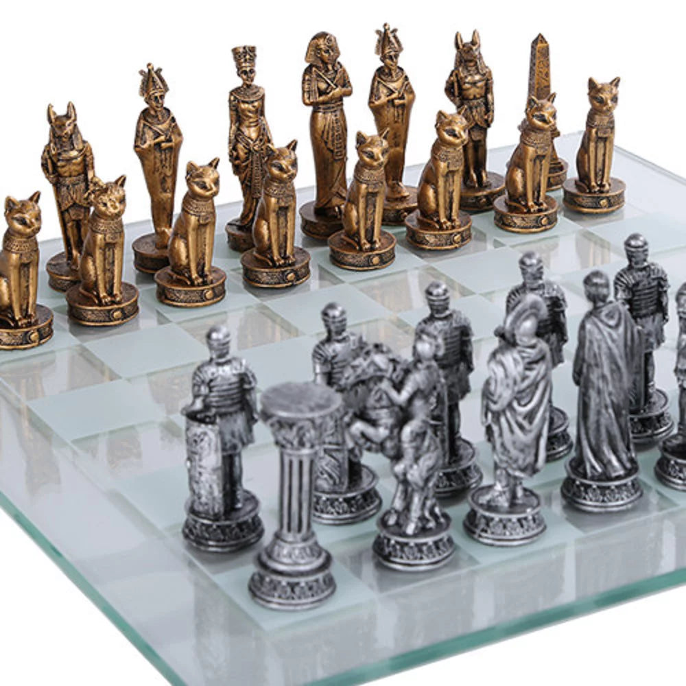 Egyptian vs Roman Chess Set with Glass Board O947831