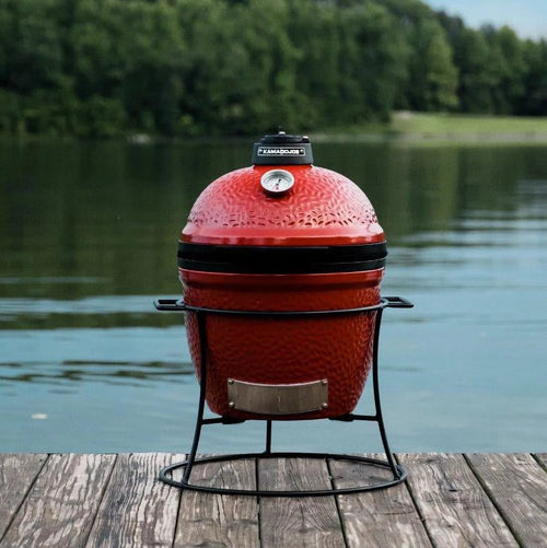 13.5 in. Portable Charcoal Grill in Red with Cast Iron Cart D7669
