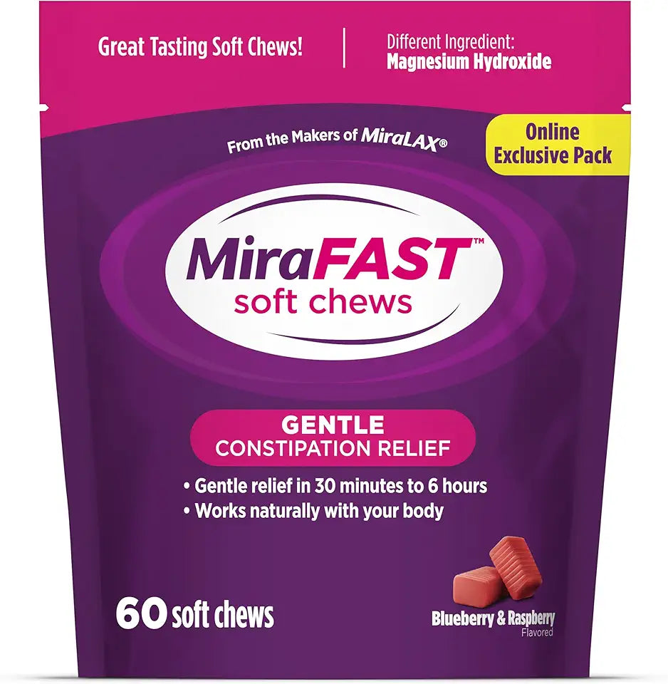 Soft Chews Gentle Constipation Relief Fast Acting Stimulant Free Saline Laxative Magnesium Hydroxide Mixed Berry Flavor 60ct W9892