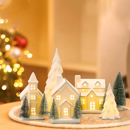 12 Pcs Ceramic Christmas Village Set with Lights L985022