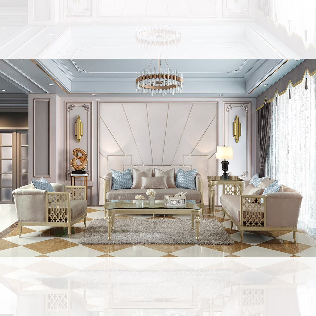 Satin Gold Fabric 3Pcs Sofa Set B189315