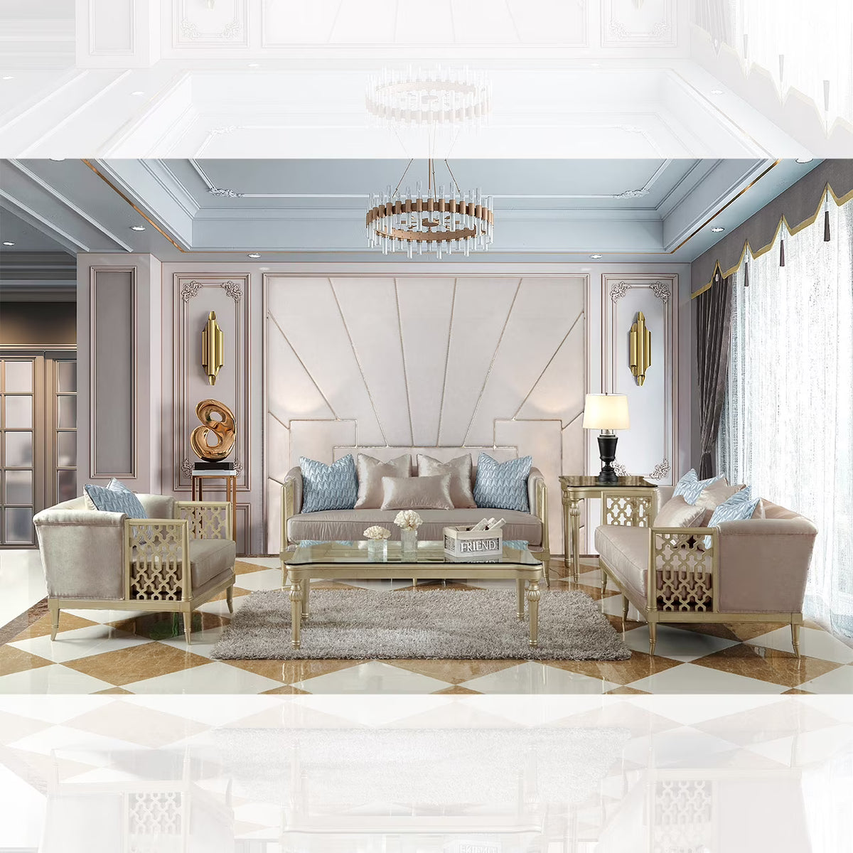 Satin Gold Fabric 3Pcs Sofa Set B189315