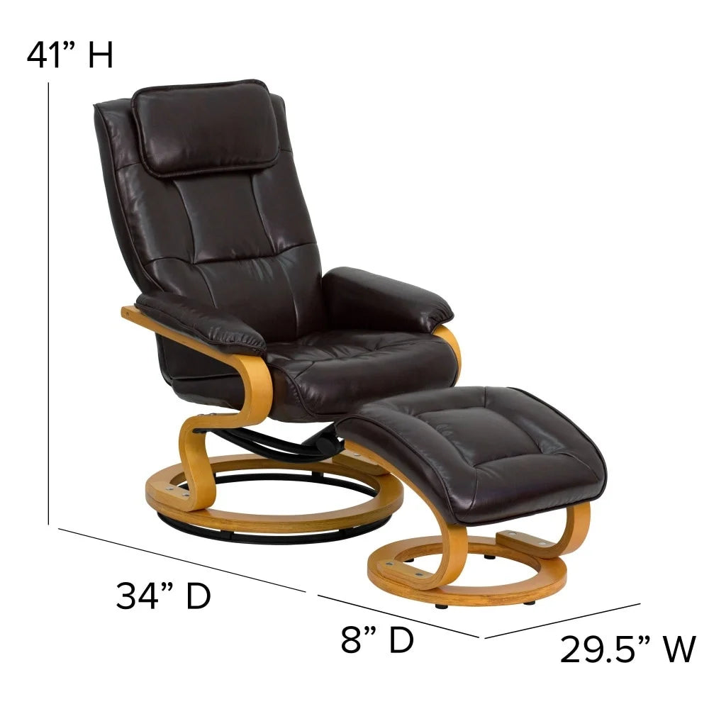 Brown Pushback Recliner and Ottoman with Swivel Wood Base B7534