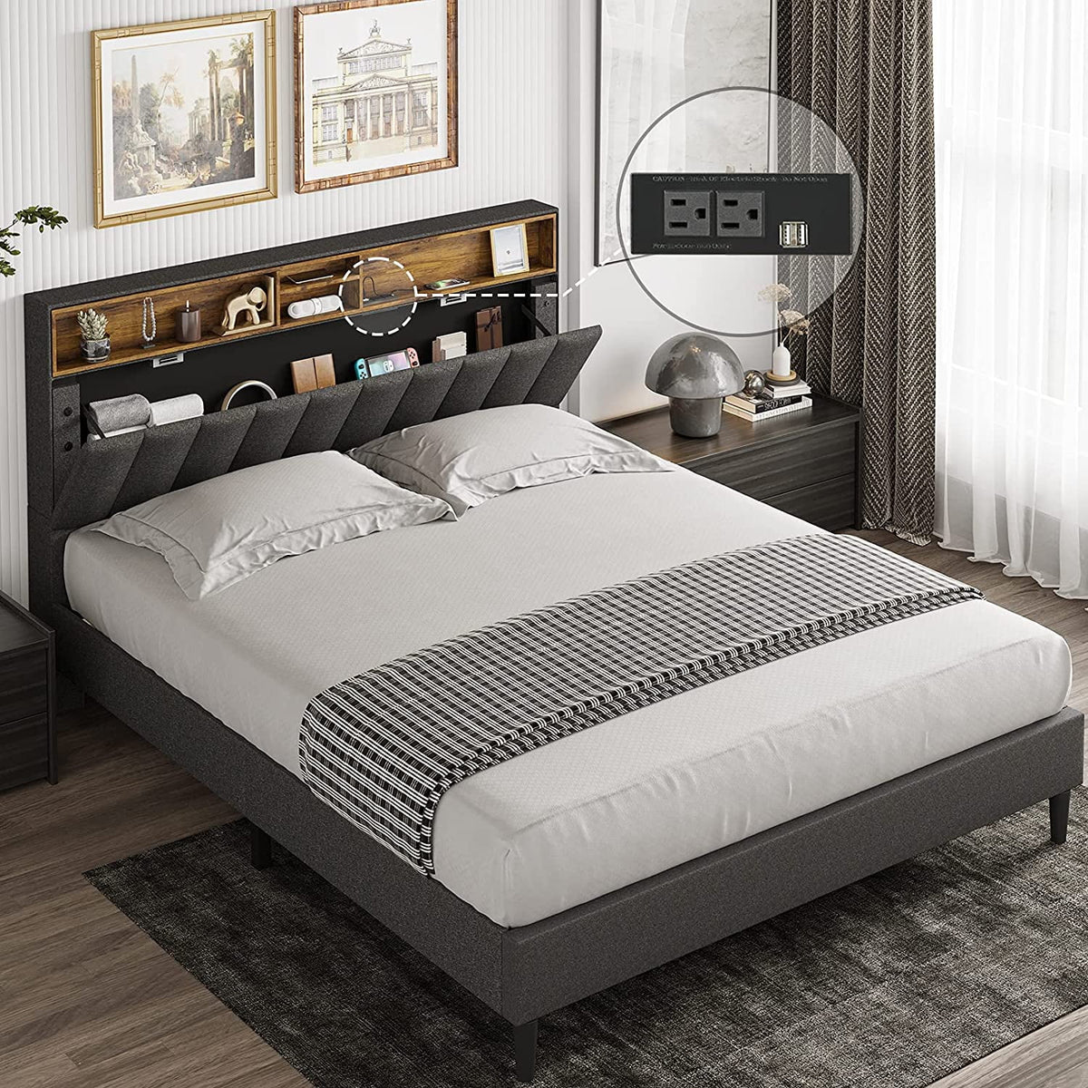 Queen Size Fabric Upholstered Platform Bed Frame with Storage Headboard K456