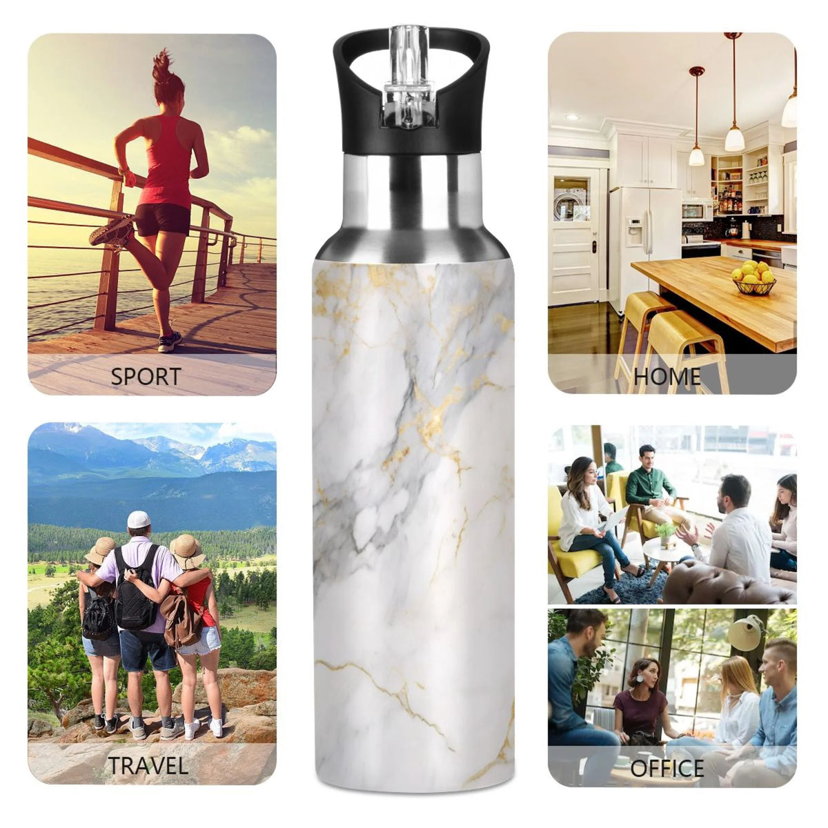 White and Golden Marble Stainless Steel Insulated Water Bottle with Straw Lid E1789