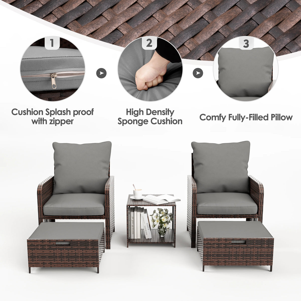 5 Piece Gray Rattan Patio Conversation Set with Ottomans and Storage Coffee Table P4212