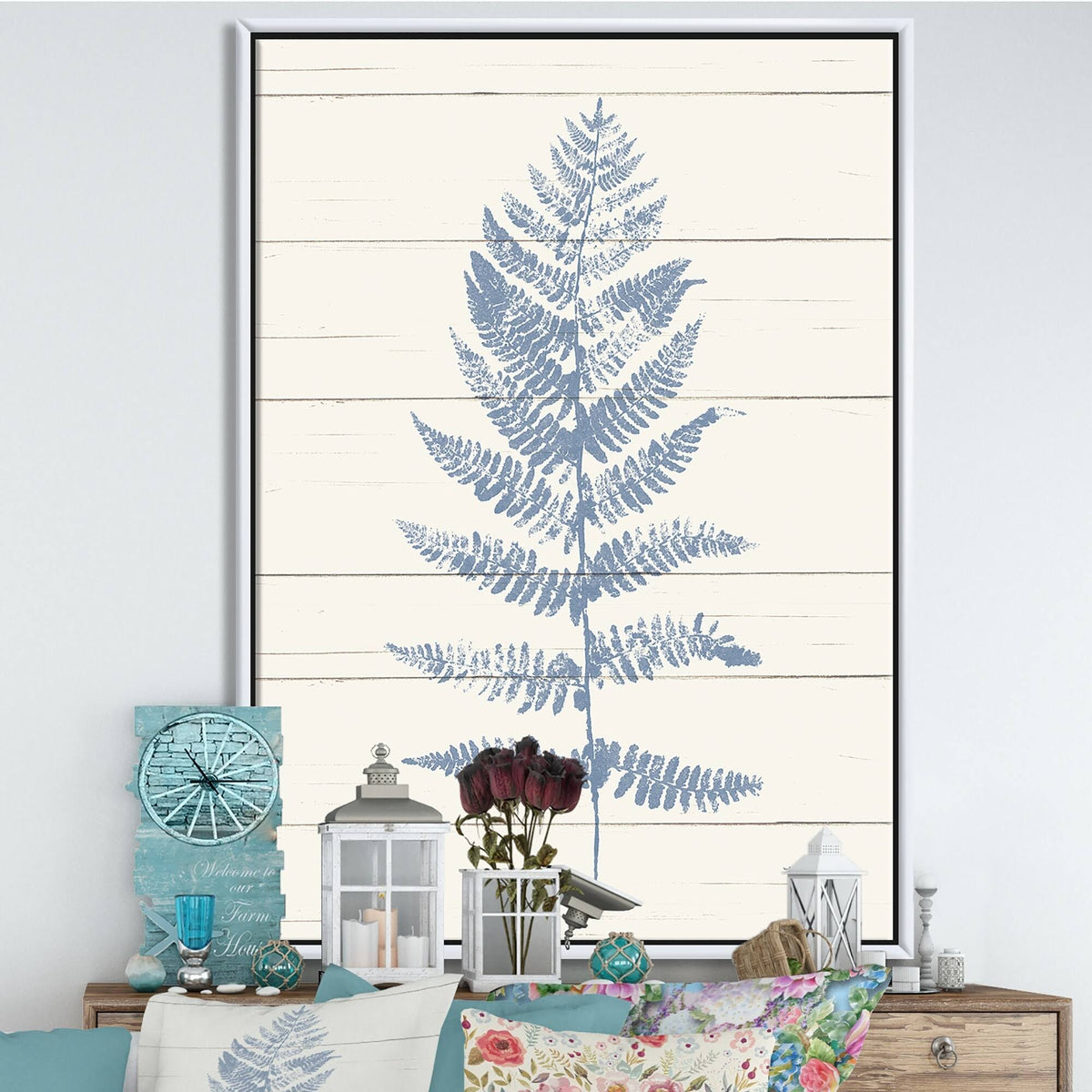 Blue Fern Print on Wood Framed Canvas, 16 inch x 32 inch H291470