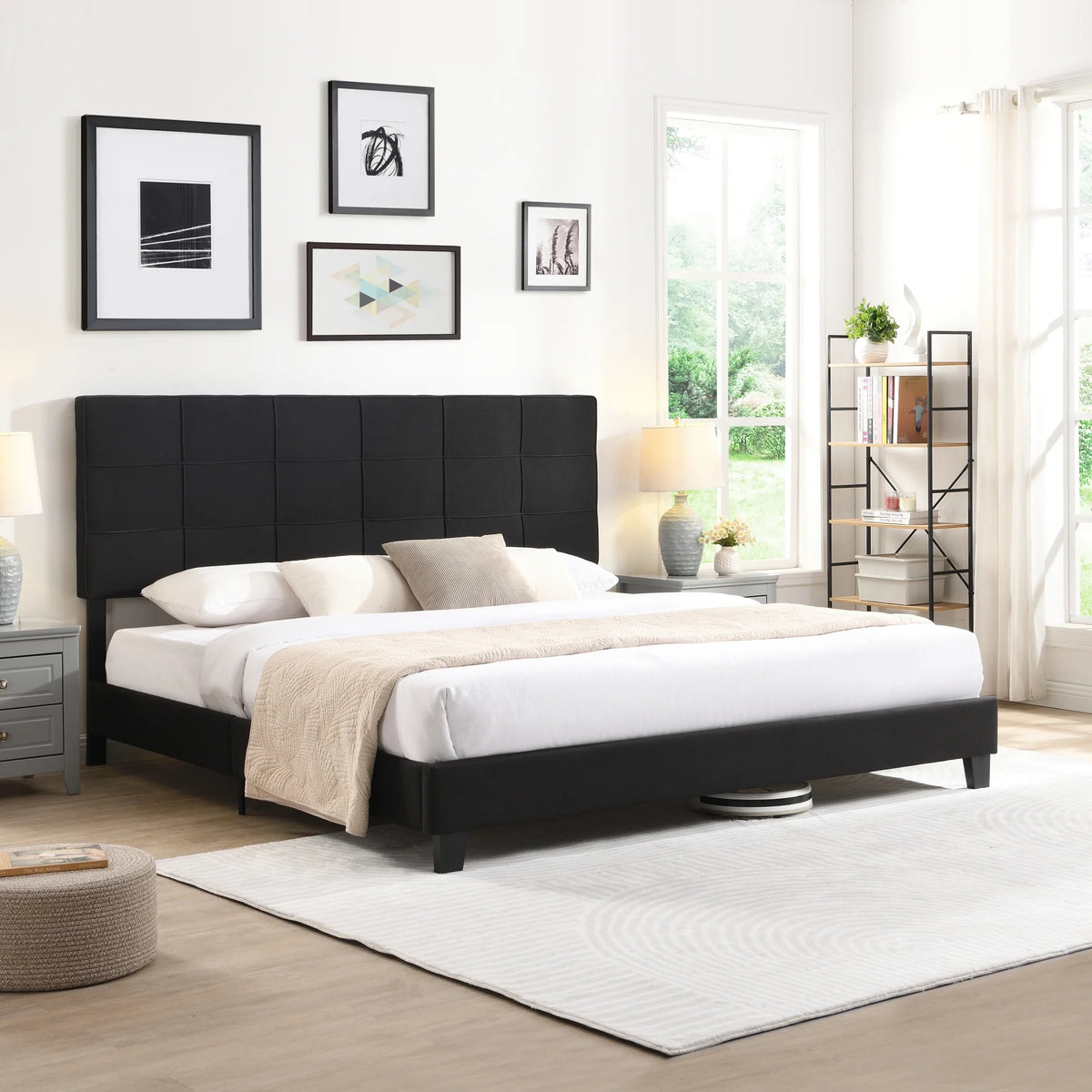 King Size Upholstered Platform Bed Frame with Linen Headboard I39032