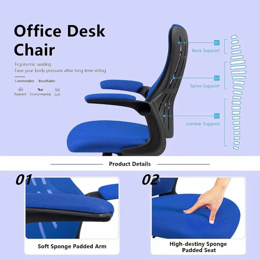 Blue Mesh Office Desk Chair with Flip Arms and Lumbar Support D360482