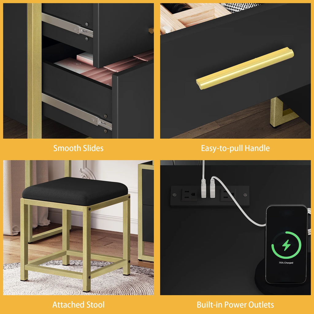 Black Makeup Vanity with Mirror and LED Lights H657395