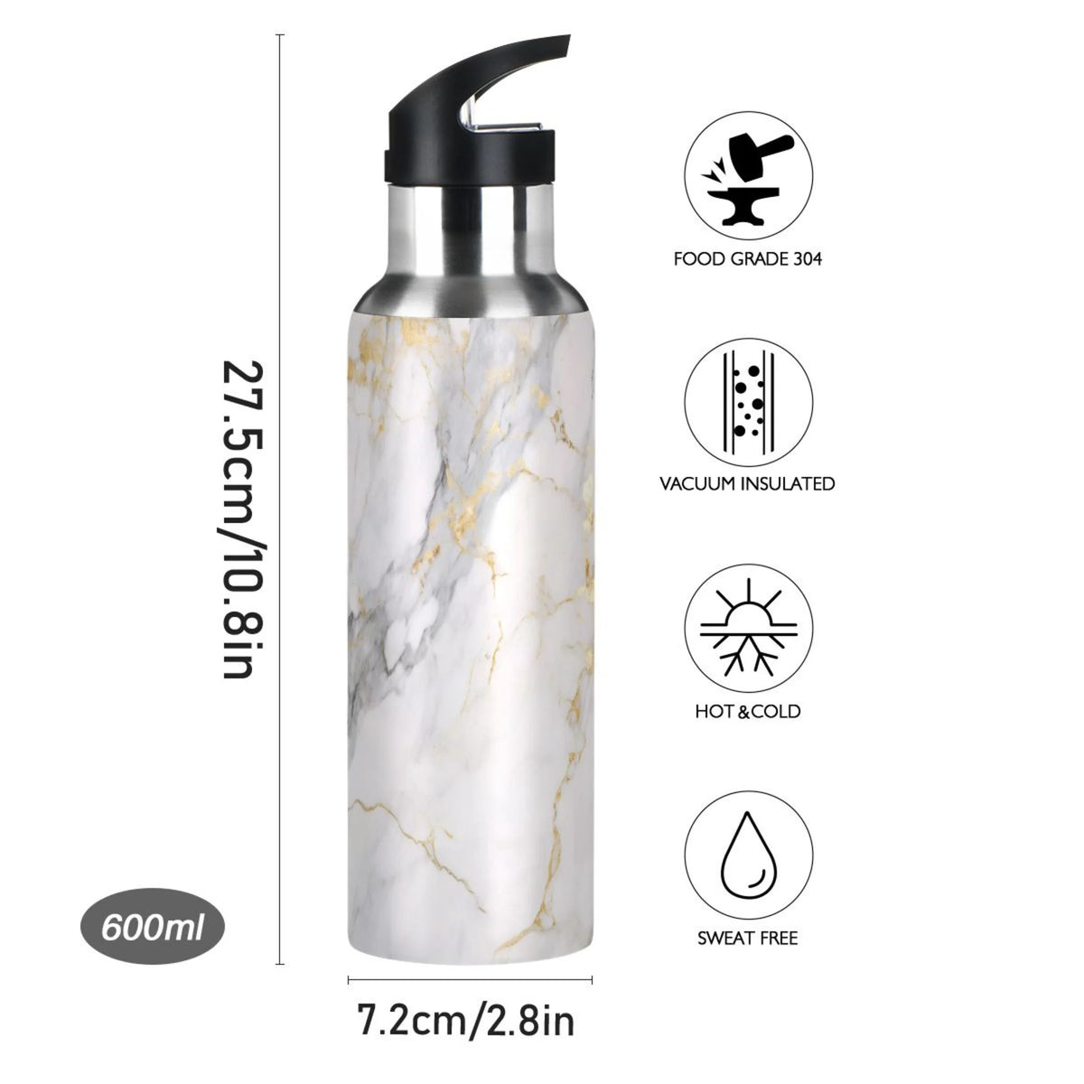 White and Golden Marble Stainless Steel Insulated Water Bottle with Straw Lid E1789