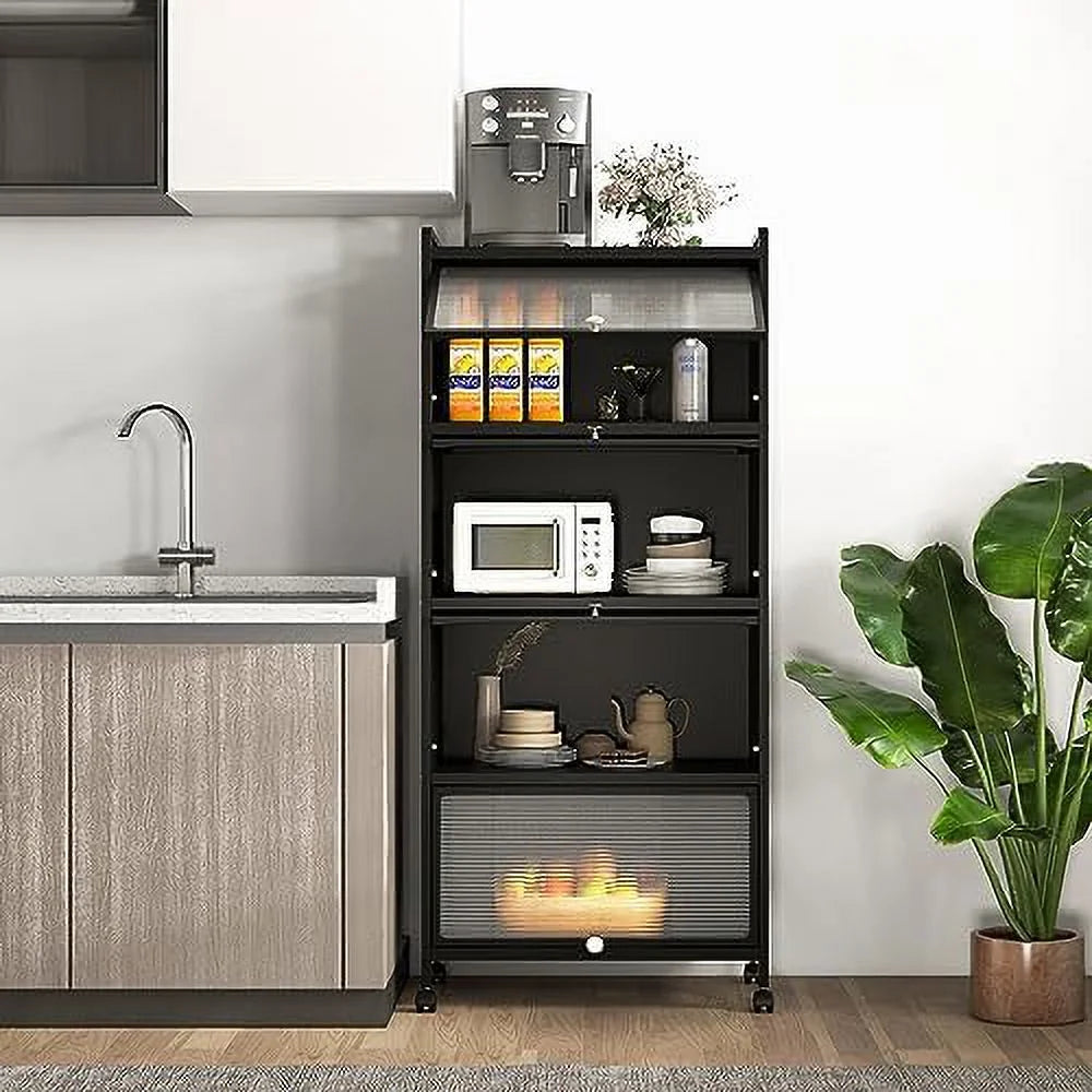 Black 5-Tier Kitchen Cabinet with 4 Rolling Casters H8659