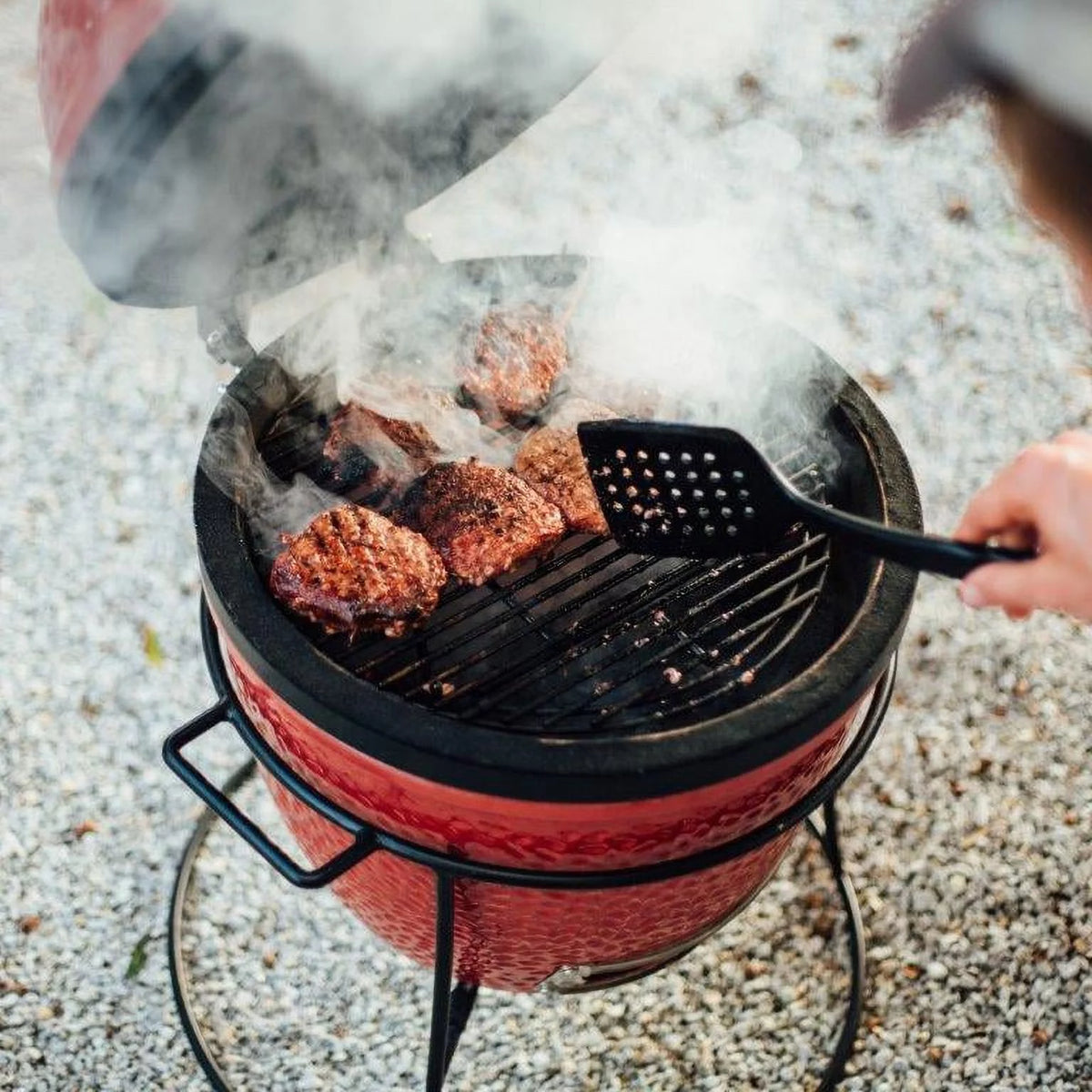 13.5 in. Portable Charcoal Grill in Red with Cast Iron Cart D7669
