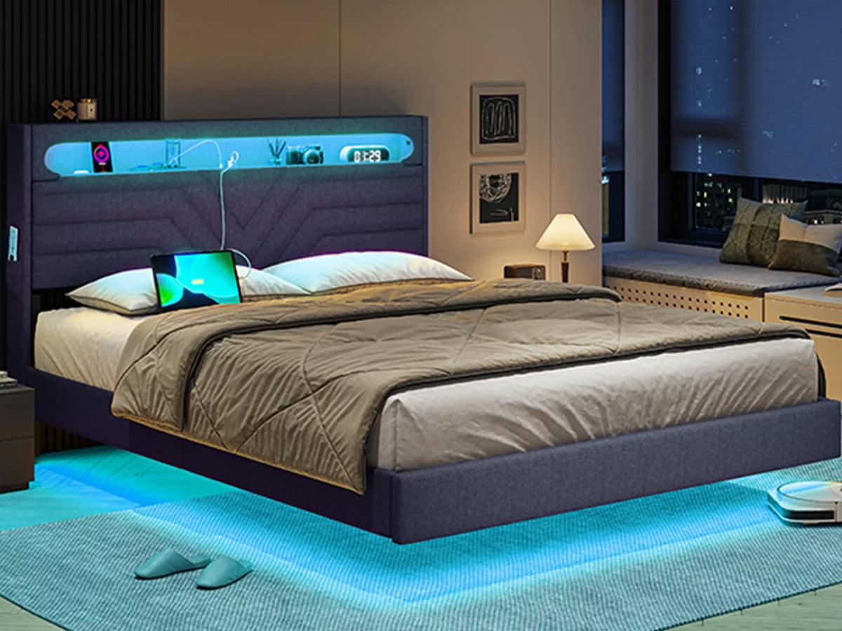 Queen Size Fabric Upholstered Platform Bed Frame with Storage Headboard K456